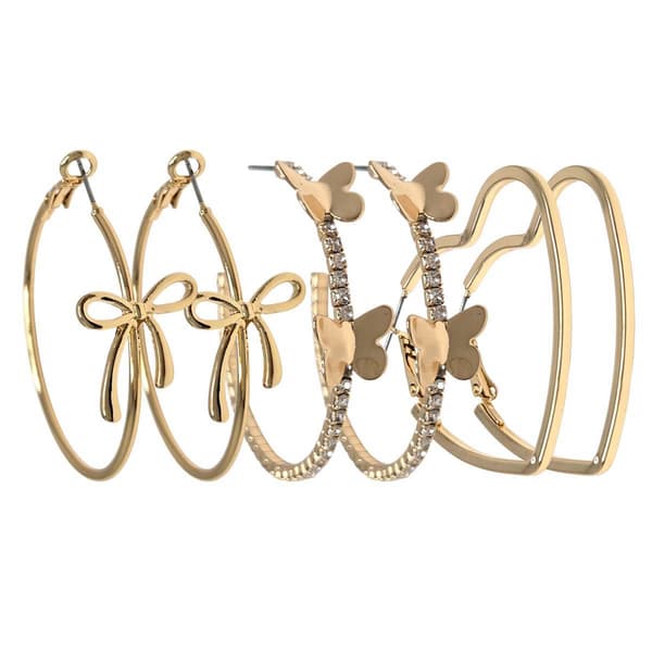 Ashley 3pr. Gold-Tone Bow/Butterfly/Heart Hoop Earrings - image 