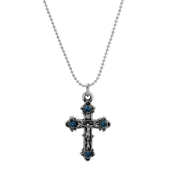 Symbols of Faith Silver-Tone Crucifix Blue Crystal Necklace - image 