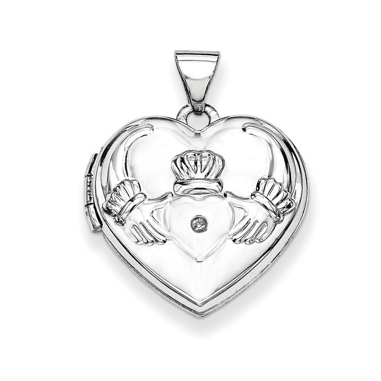 Gold Classics(tm) 14kt. White Gold Diamond Heart Claddagh Locket