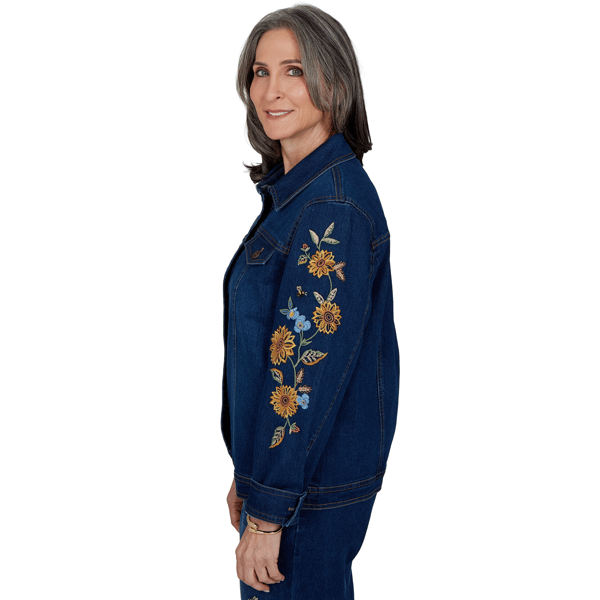 Petite Alfred Dunner Tuscany Sunflower Embroidered Denim Jacket