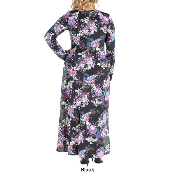 Plus Size 24/7 Comfort Apparel Paisley Long Sleeve Maxi Dress