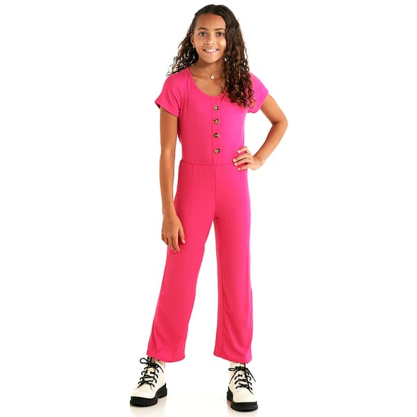 Girls (7-12) Dream Girl Ribbed Self Belt Button Jumpsuit