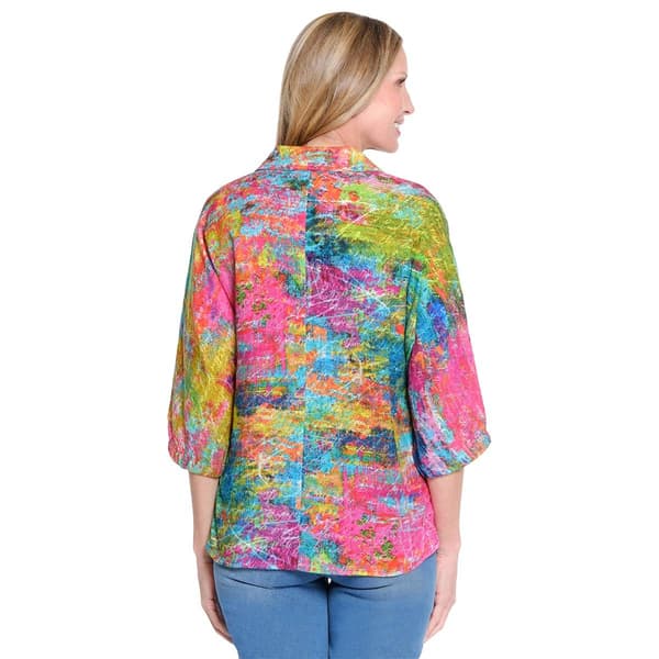 Plus Size Ali Miles 3/4 Sleeve Button Front Abstract Blouse