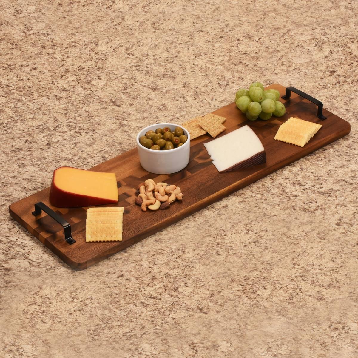 Kalmar Home Long Acacia Wood Tray with Metal Handles
