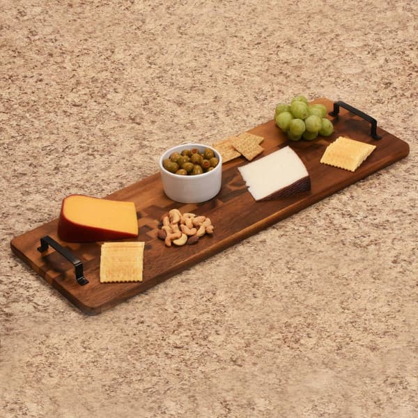 Kalmar Home Long Acacia Wood Tray with Metal Handles