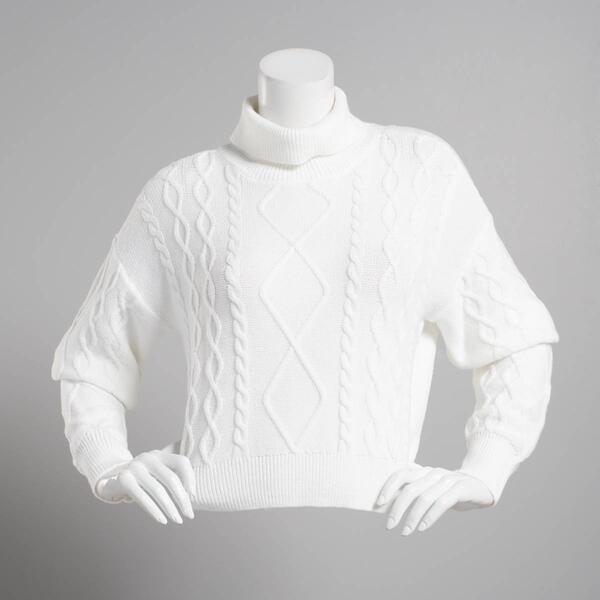 Juniors No Comment Drop Shoulder Cable Knit Turtleneck Sweater - image 