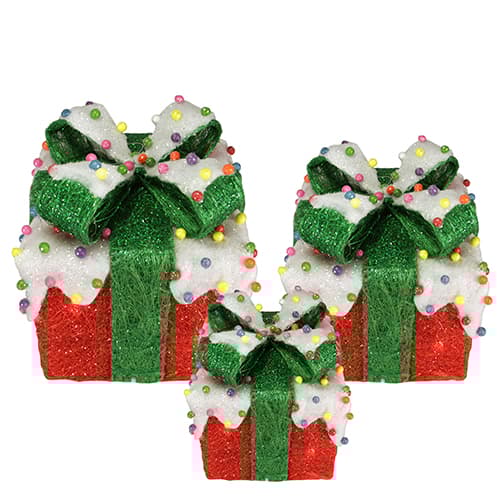 Northlight 3pc. Red Pre-Lit Snow & Candy Covered Gift Boxes - image 