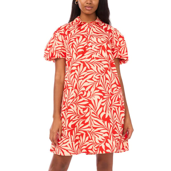 Womens MSK Short Sleeve Puff Sleeve Print Cottin Poplin Dress