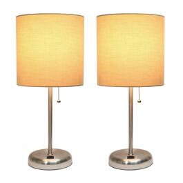 LimeLights Brushed Steel USB Port Lamp/Tan Fabric Shade-Set of 2