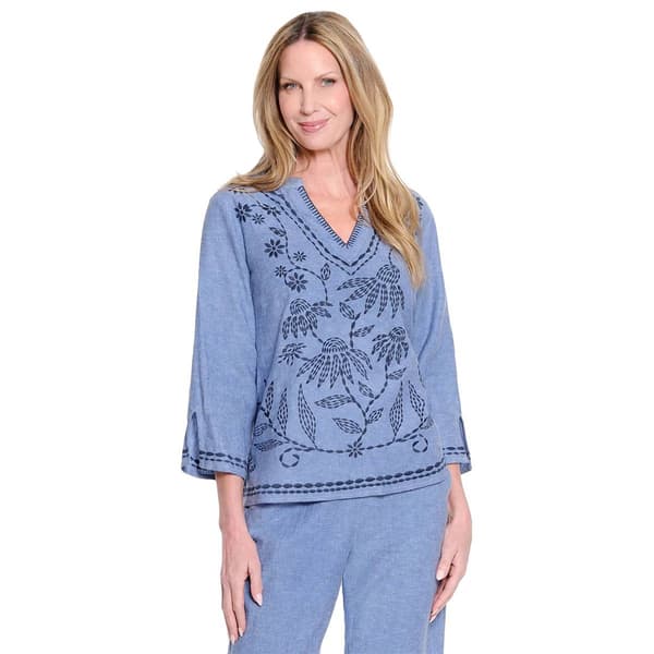 Womens Ali Miles 3/4 Sleeve V Neck With Embroidery Tunic - image 