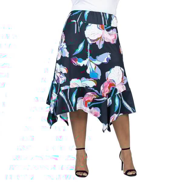 Plus Size 24/7 Comfort Apparel Floral Handkerchief Hemline Skirt