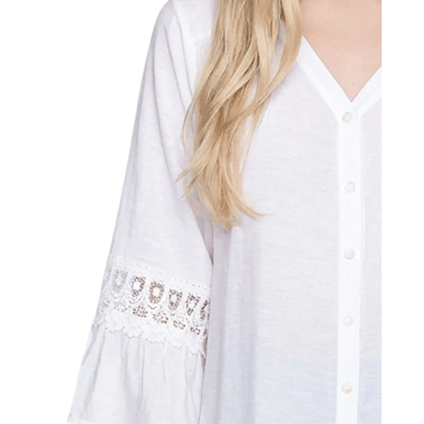 Petite NY Collection 3/4 Bell Sleeve V Neck Button Front Blouse