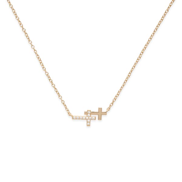 Beautiful Blessings Gold CZ Double Cross Necklace