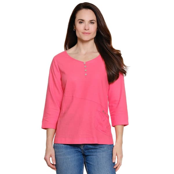 Petite Ali Miles 3/4 Sleeve Solid Henley Blouse - image 