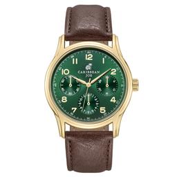 Mens Caribbean Joe Gold-Tone Green Dial Strap Watch - CJ7177GD