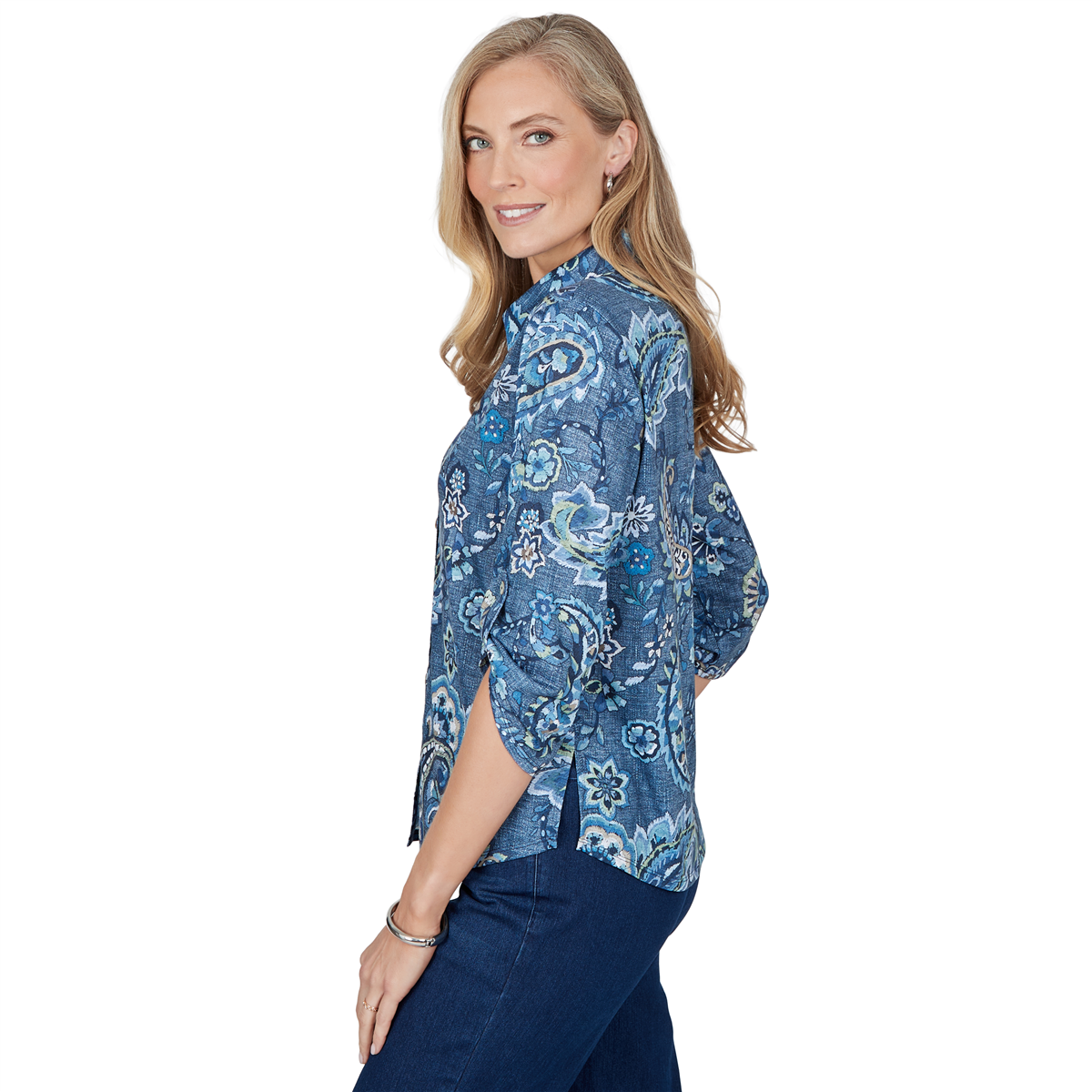 Womens Alfred Dunner Ann Arbor Roll Tab Sleeve Paisley Blouse