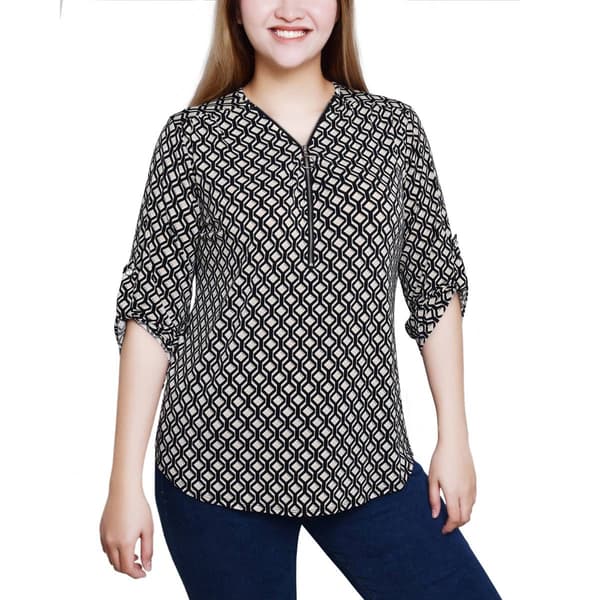 Womens NY Collection 3/4 Sleeve Geometric Zip V-Neck Blouse - image 