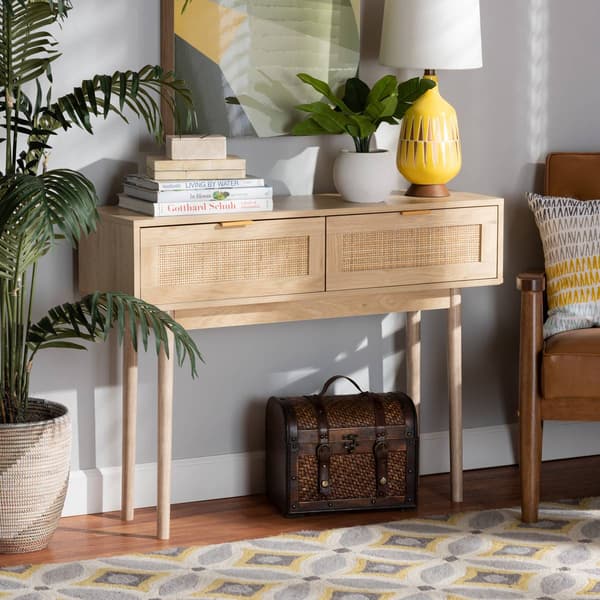 Baxton Studio Baird Oak Brown Wood/Rattan 2-Drawer Console Table