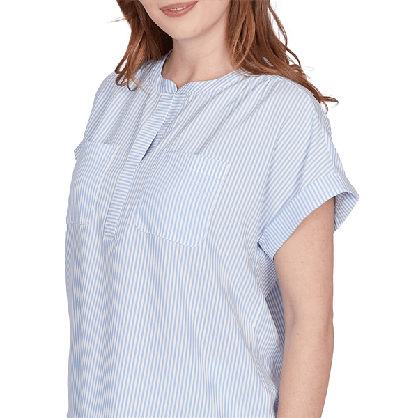 Petite Hearts of Palm Aqua Fresh Short Sleeve Stripe Blouse