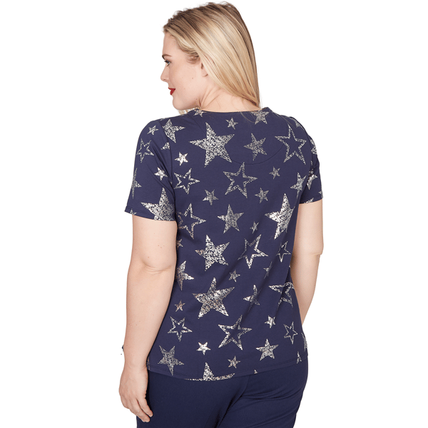 Womens Alfred Dunner Lady Liberty Short Sleeve Foil Stars Blouse