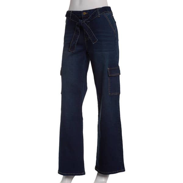Petite Bleu Denim Wide Leg Cargo Pockets w/Self Belt Jeans