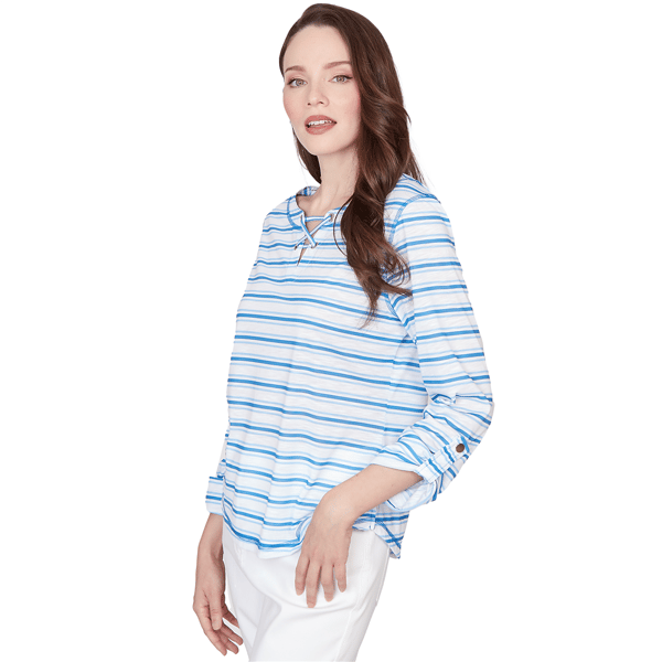Petite Hearts of Palm Embraceable Blue Roll Tab Sleeve Blouse