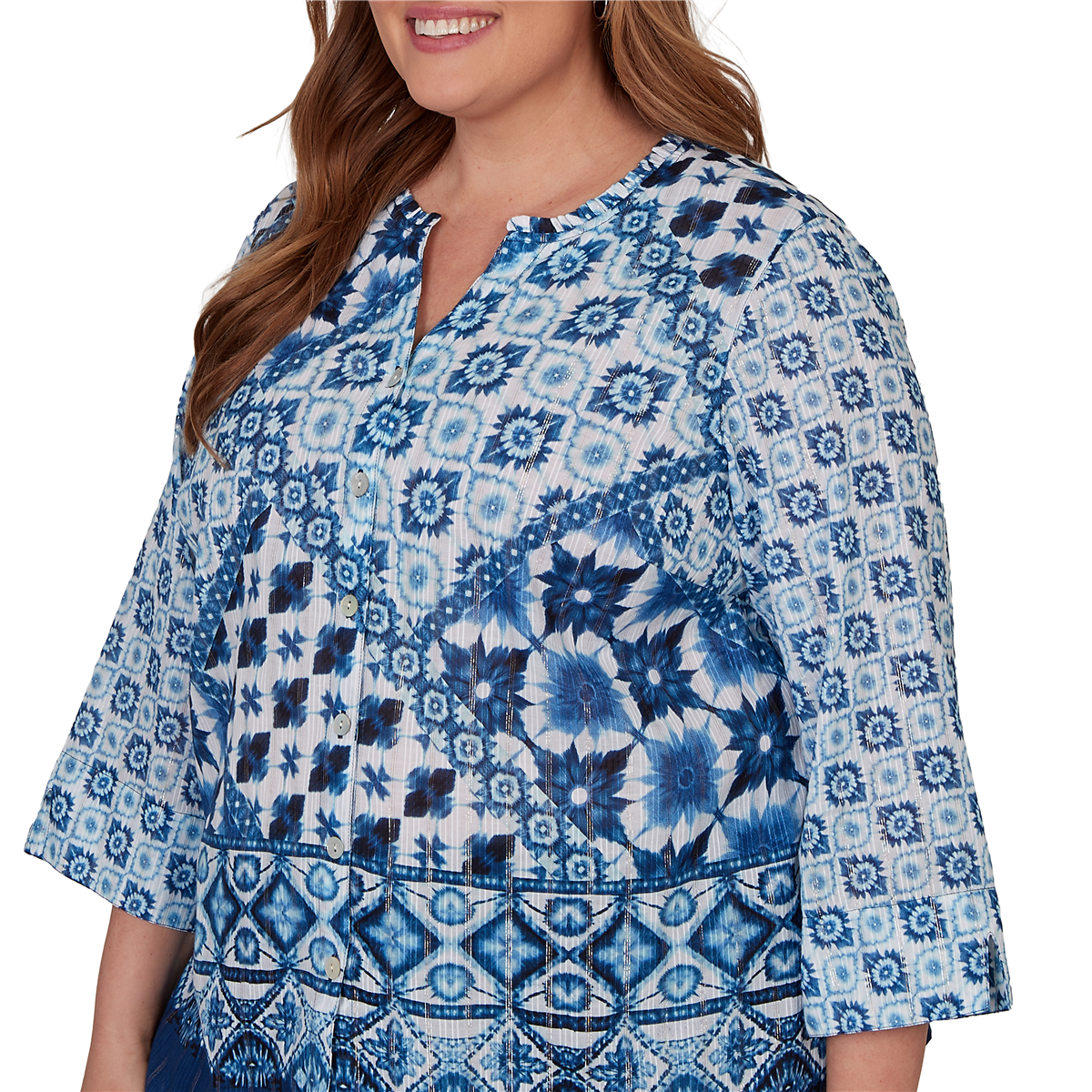 Plus Size Alfred Dunner Indigo Girls 3/4 Sleeve Patchwork Blouse