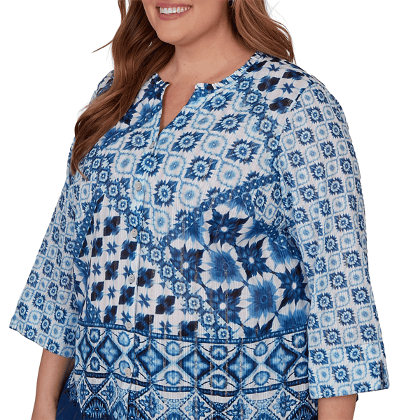 Plus Size Alfred Dunner Indigo Girls 3/4 Sleeve Patchwork Blouse
