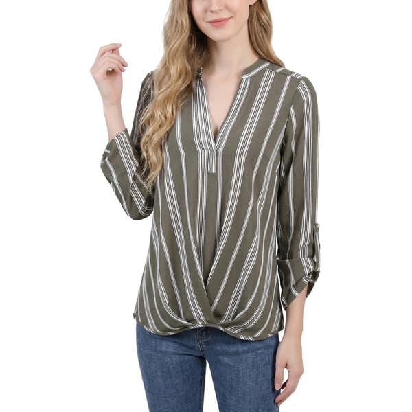 Womens NY Collection 3/4 Sleeve Pleated Front Stripe Blouse - image 