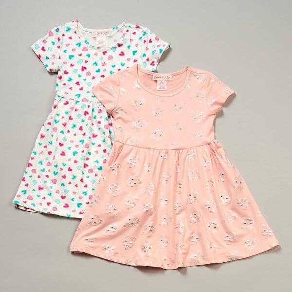 Toddler Girl Emma & Elsa 2pk. Heart Dots & Cats with Bows Dresses - image 