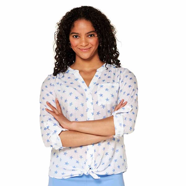 Womens Zac & Rachel Roll Tab Sleeve Tie Front Stars Blouse