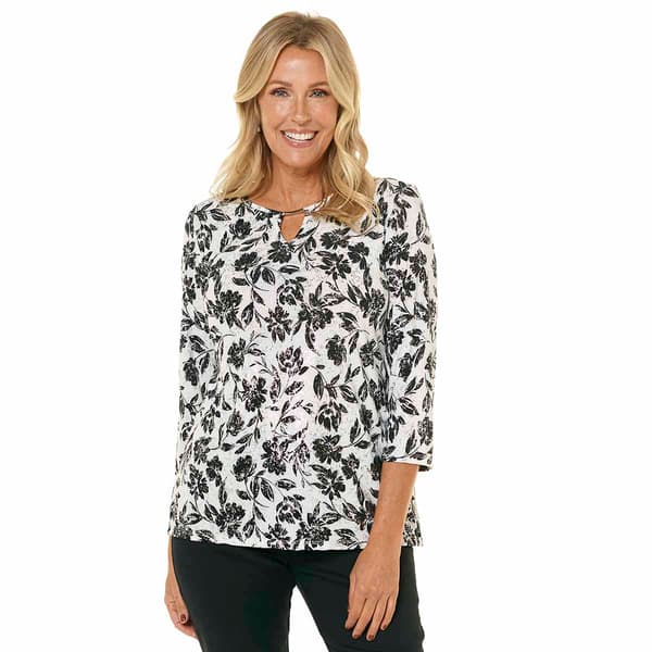 Petite Emily Daniels 3/4 Sleeve Stencil Floral Bar Neck Blouse - image 