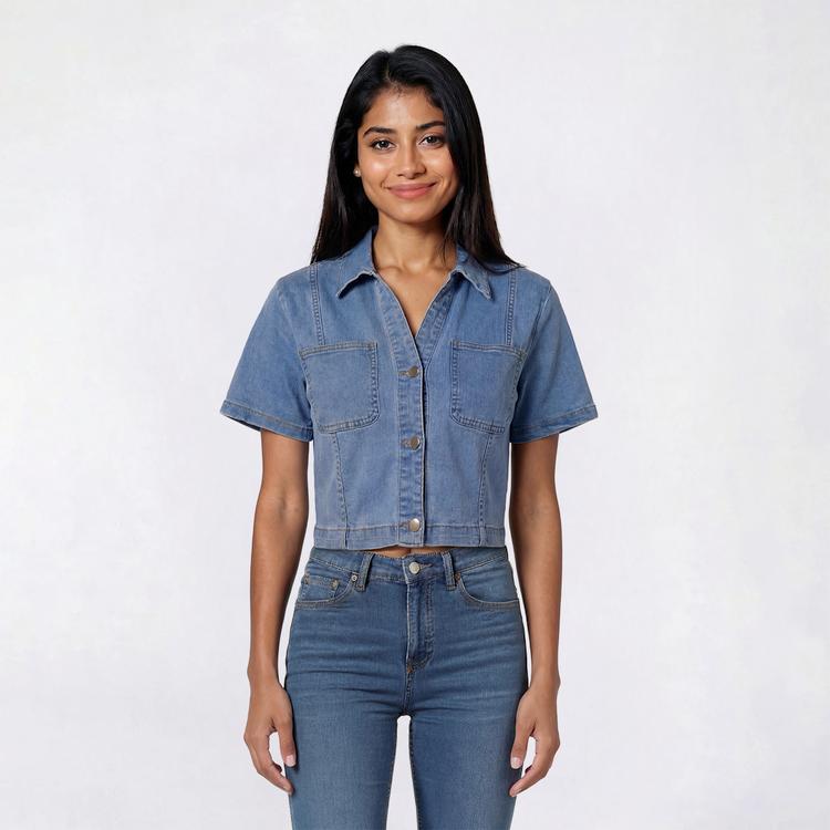 Juniors Love Tree Button Front Short Sleeve Denim Jacket
