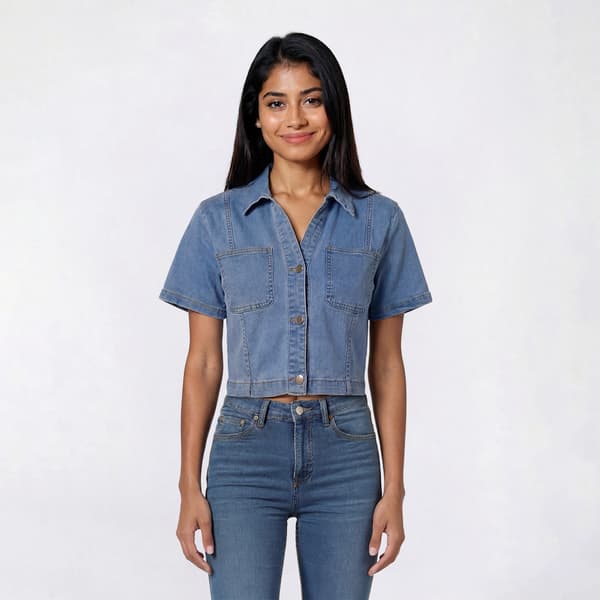 Juniors Love Tree Button Front Short Sleeve Denim Jacket - image 