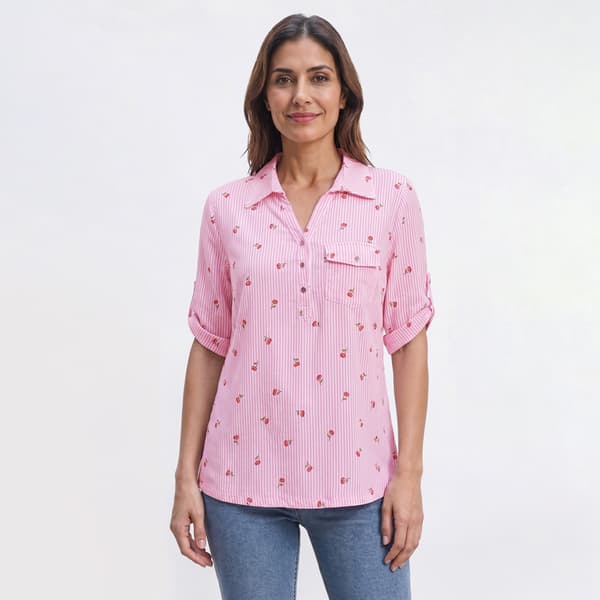 Petite Emily Daniels Elbow Sleeve Cherries Stripe Blouse - image 