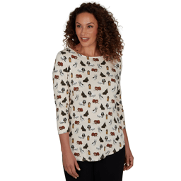 Petite Emaline Key Items 3/4 Sleeve Boat Neck All Over Dog Tee
