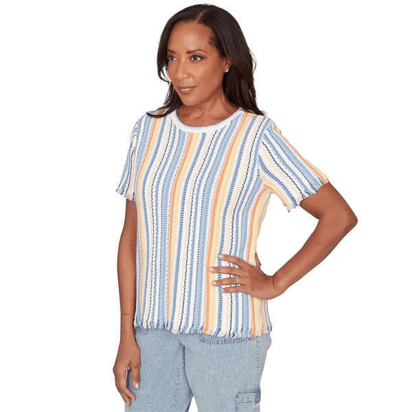Petite Alfred Dunner Out Of The Blue Fringe Stripe Sweater