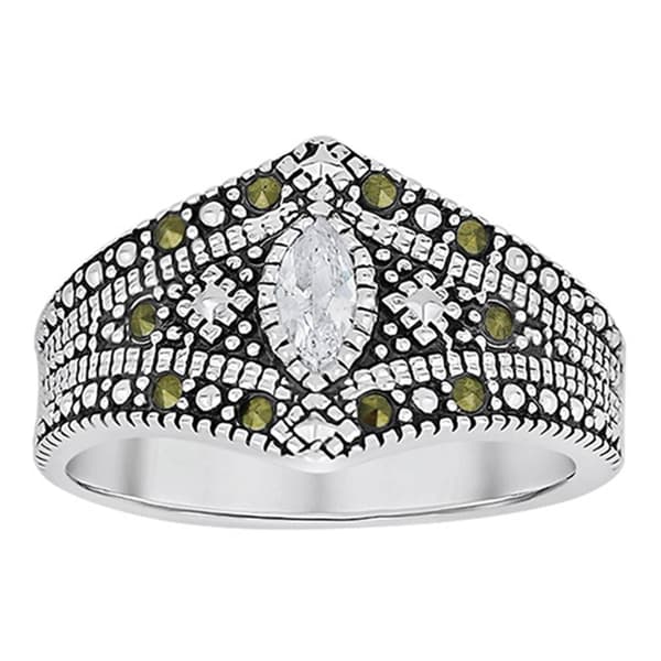 Marsala Genuine Marcasite & CZ Silver Plated Ring - image 