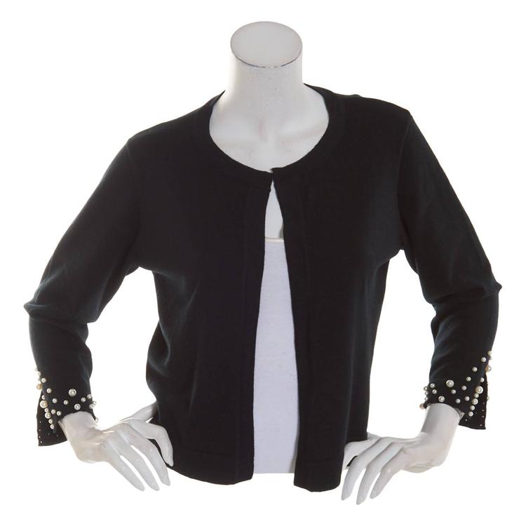Womens Nina Leonard Long Sleeve Pearl Trim Cuff Shrug
