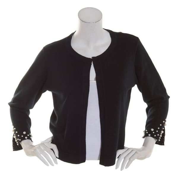 Womens Nina Leonard Long Sleeve Pearl Trim Cuff Shrug - image 