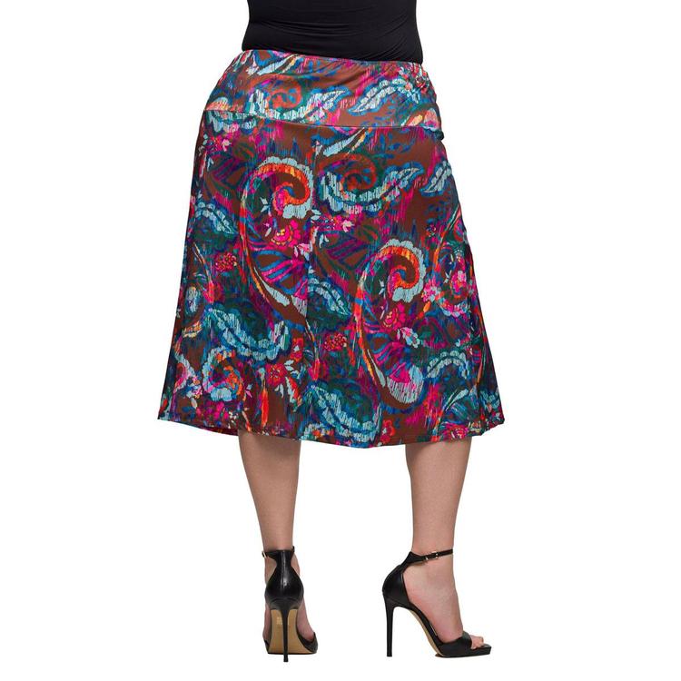 Plus Size 24/7 Comfort Apparel Brown Paisley Knee Length Skirt