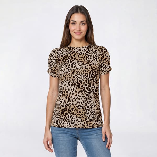 Womens AK Anne Klein Short Pleat Sleeve Crew Neck Leopard Blouse