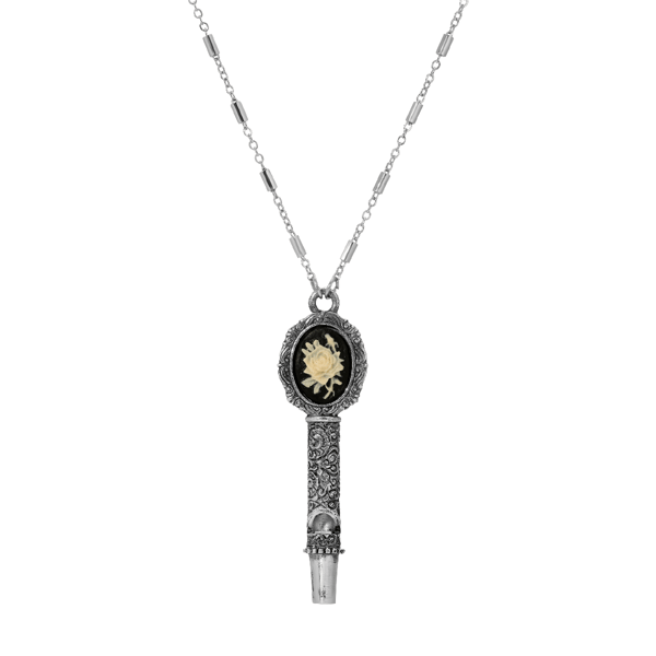 1928 Pewter Black & White Floral Whistle Pendant - image 