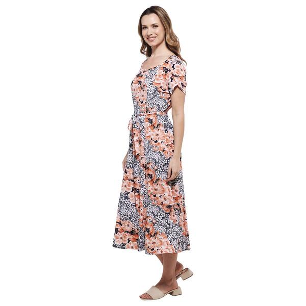 Womens Perceptions Short Sleeve Tie Front Floral Midi Dress