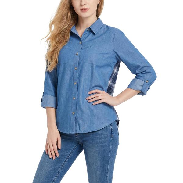 Petite NY Collection Roll Tab Sleeve Denim Plaid Button Down - image 