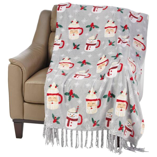 Mountain Ridge Santa & Snowman Mugs Fringe Popcorn Throw