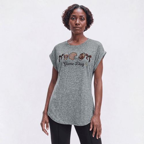 Womens Tru Self Cuffed Dolman Sleeve Game Day Applique Tee - image 