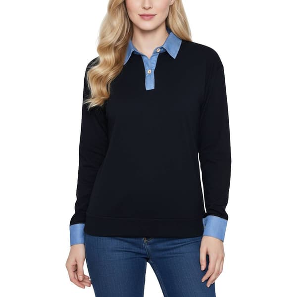 Womens NY Collection Long Sleeve Two Tone French Terry Blouse - image 