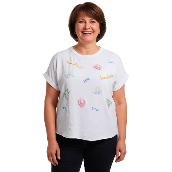 Plus Size Cocomo Short Sleeve Coastal Sea Scene Airflow Blouse - image 