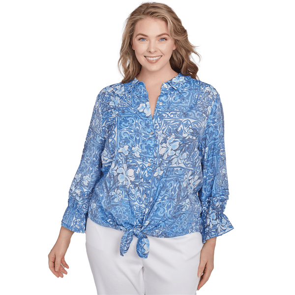 Women''s Ruby Rd. Tinted Tides Silky Floral Tile Button Tie Front - image 